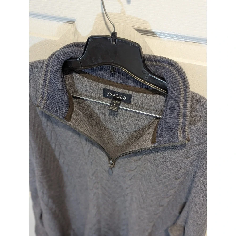 Quiet Luxury Wool Cable Knit 1/4 Zip Jos A Bank Sweater Large Gray Old Money